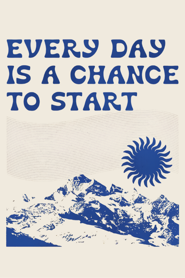 “Every day is a chance to start” yazılı dağ ve güneş posteri