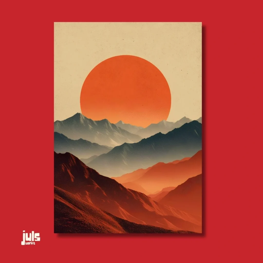 Turuncu Güneş ve Dağlar Retro Poster