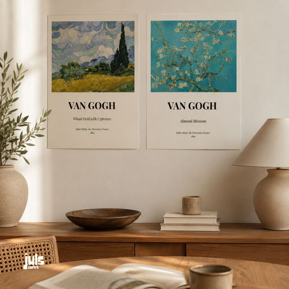 Van Gogh Wheat Field with Cypresses ve Almond Blossom ikili poster seti, konsol üzerinde