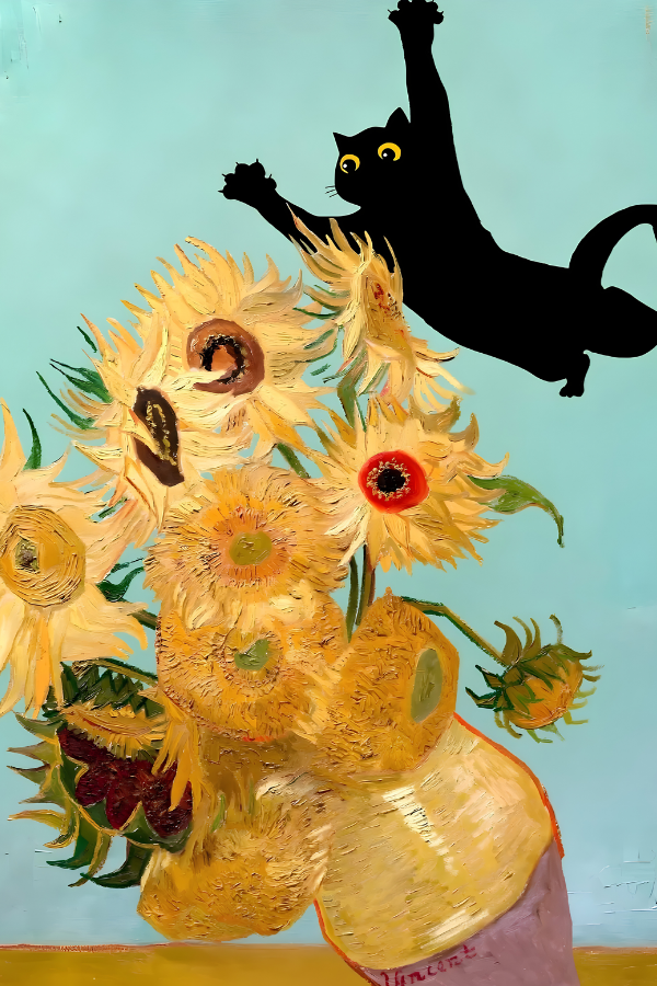 Van Gogh’un ayçiçekleri tablosuna eklenmiş siyah kedi posteri