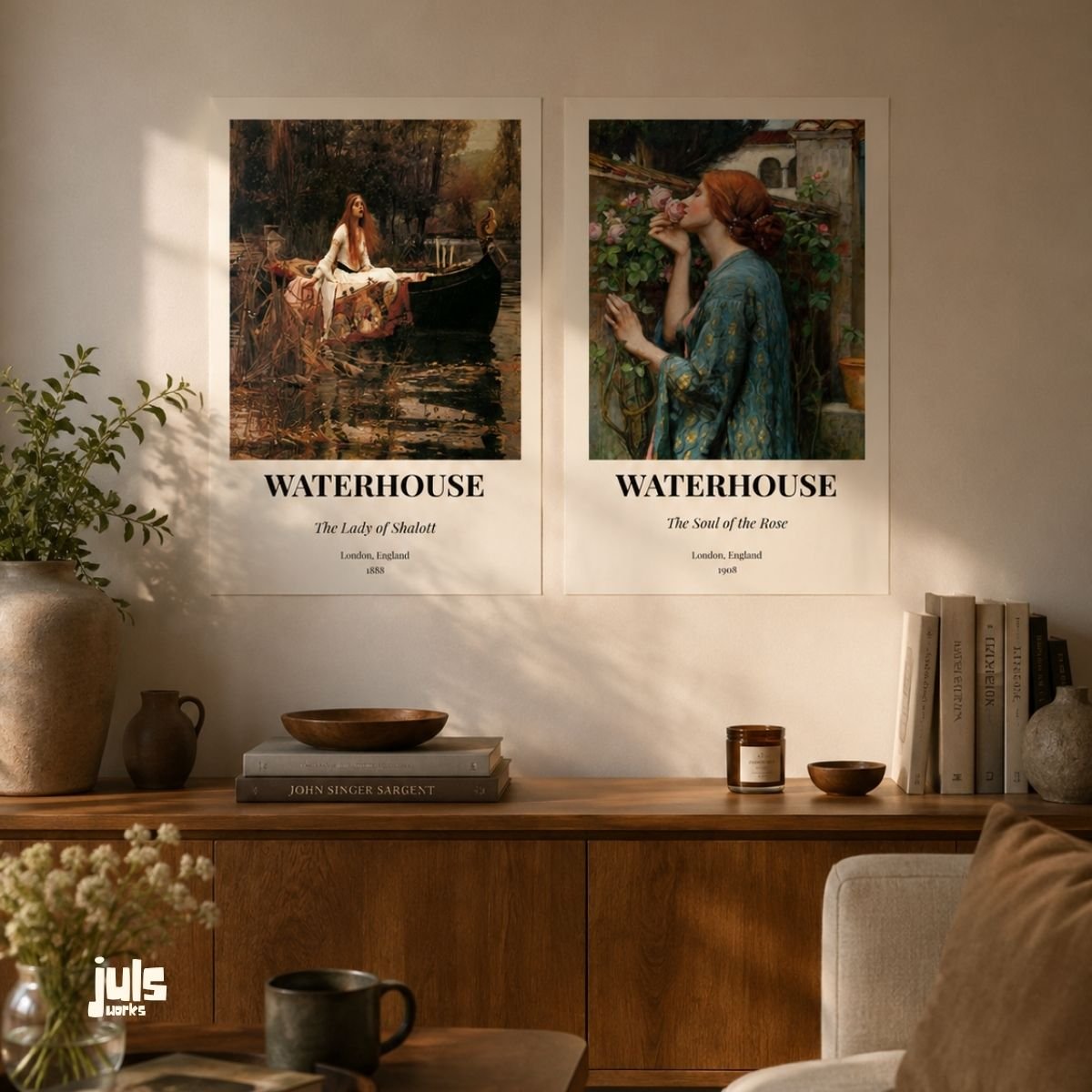 Waterhouse tablolarından Lady of Shalott ve Soul of the Rose ikili poster seti, konsol üzerinde