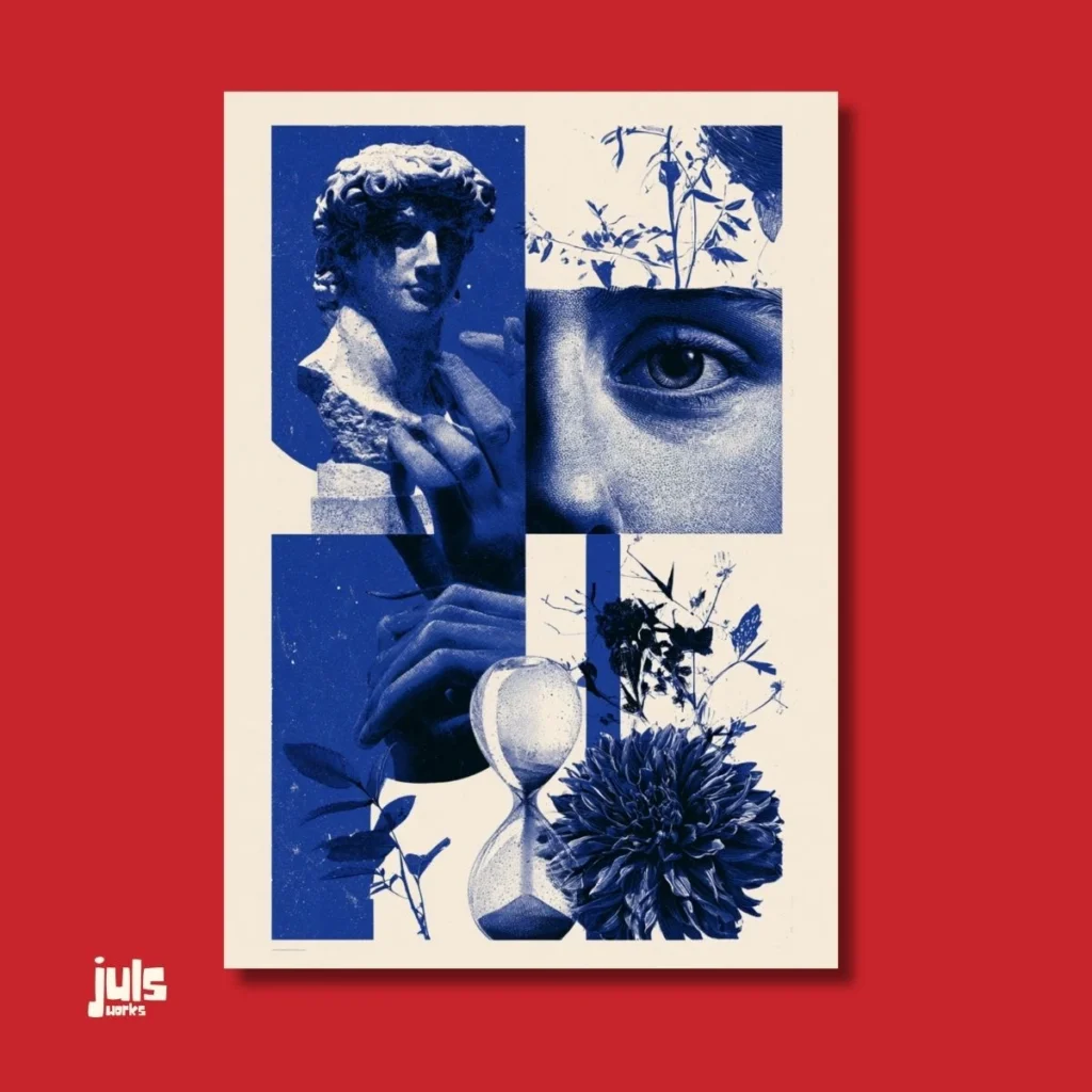 Mavi Kolaj Heykel ve Çiçek Poster