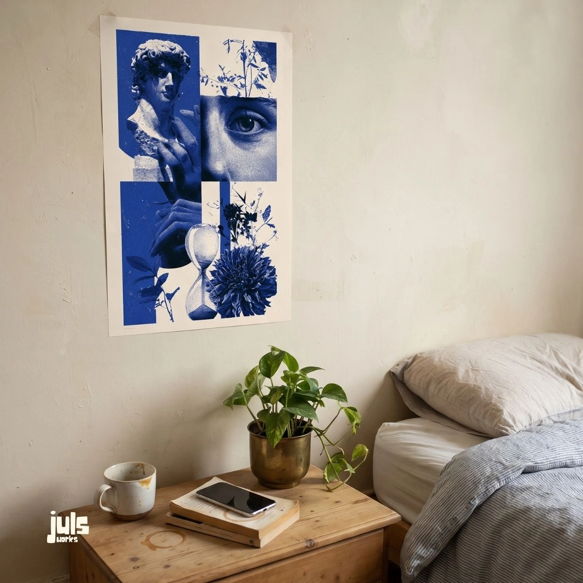 Mavi Kolaj Heykel ve Çiçek Poster