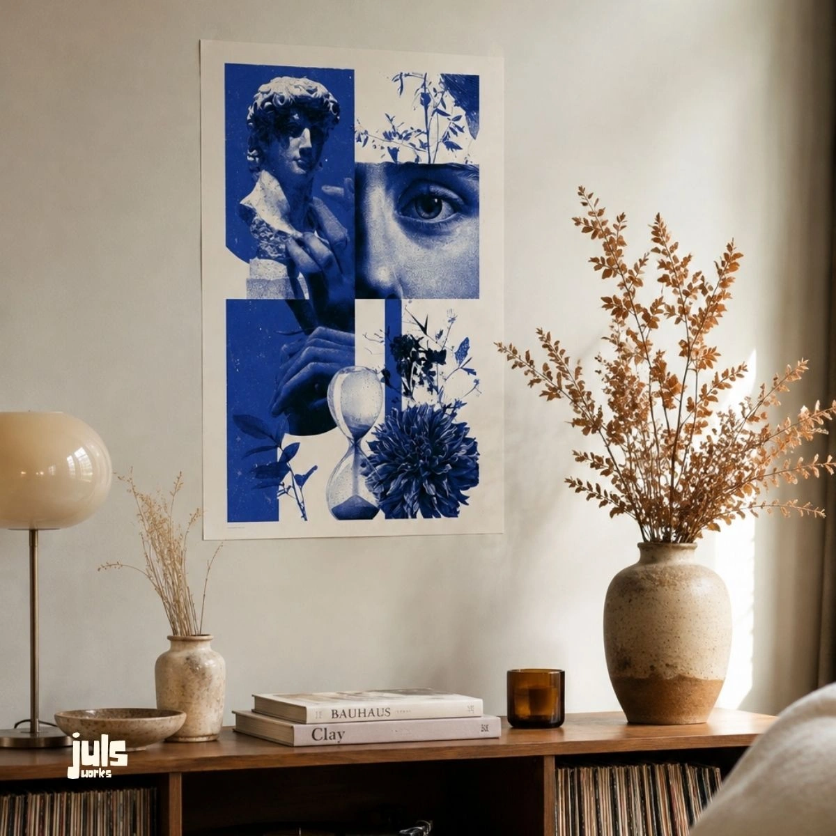 Mavi Kolaj Heykel ve Çiçek Poster