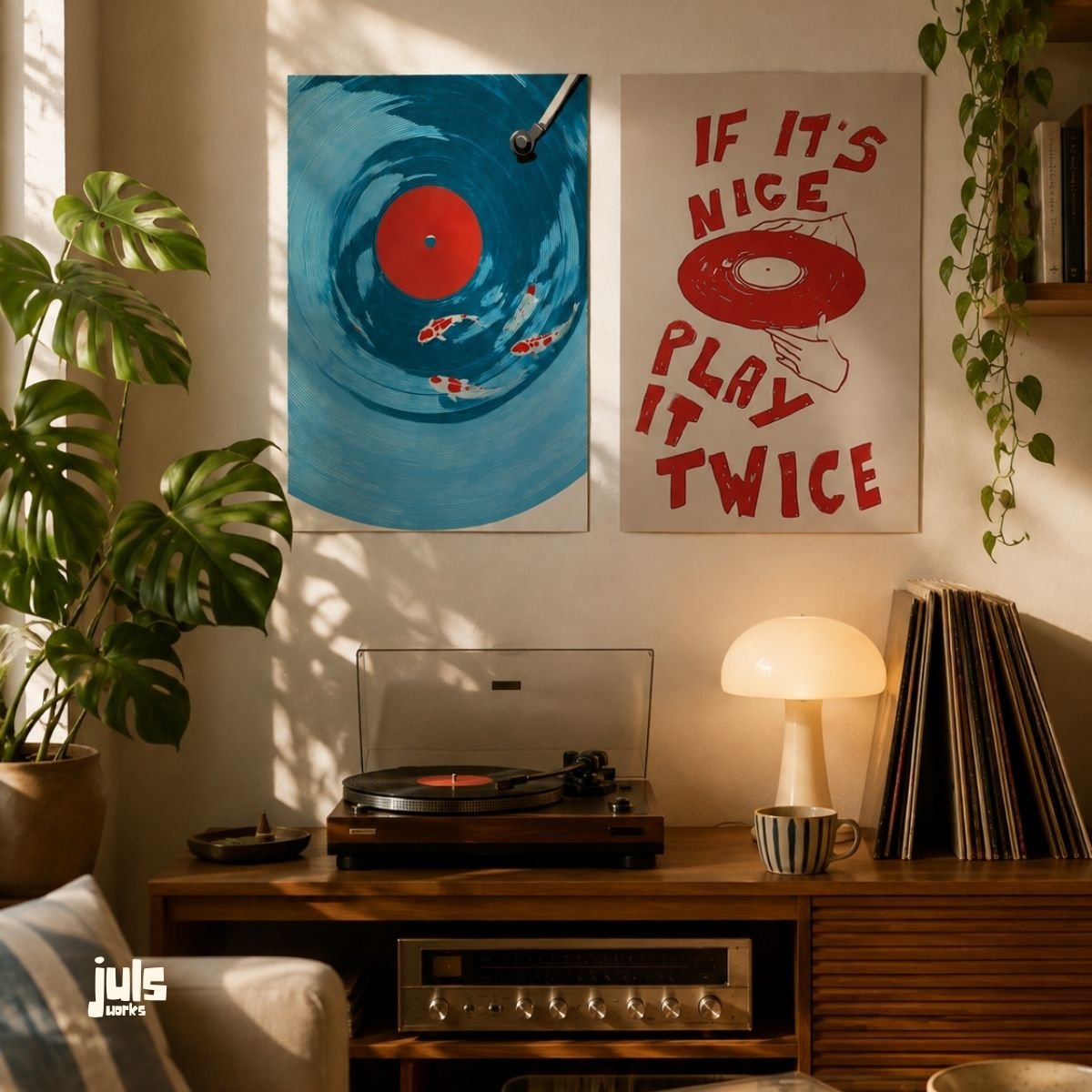 Plak ve koi balığı illüstrasyonu ile Play It Twice yazılı ikili poster seti, pikap dolabı üzerinde