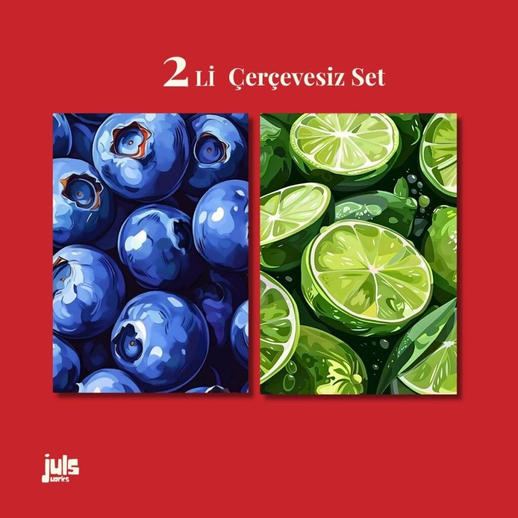 Mavi yaban mersini ve yeşil limon detay ikili poster seti kapak görseli