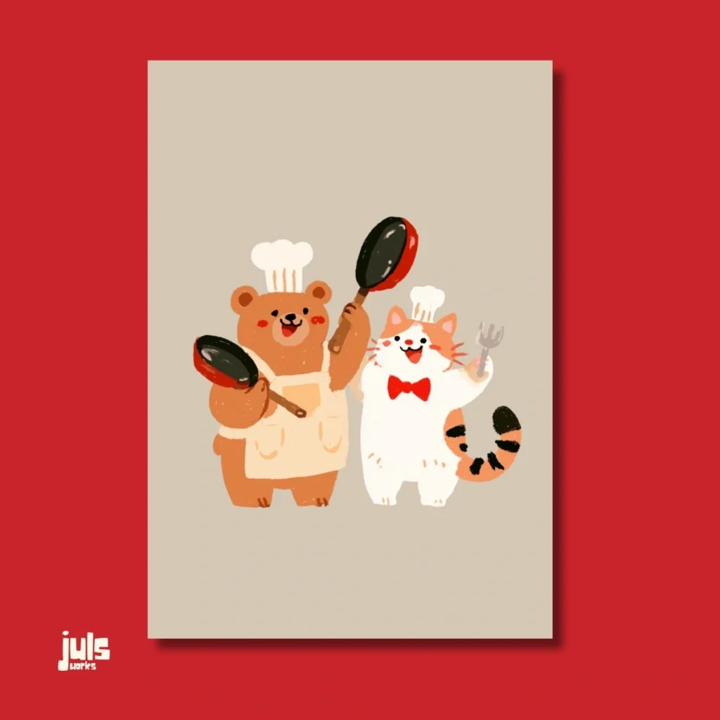 Aşçı kıyafetli ayı ve kedi illüstrasyonlu sevimli mutfak poster kapak görseli