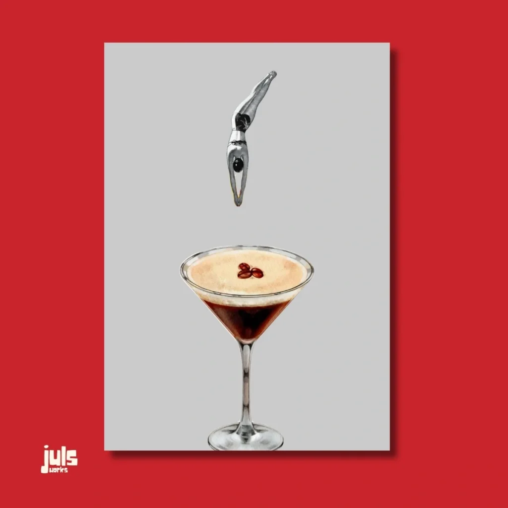 Havada dalış yapan figür ve espresso martini kokteyl sürreal poster kapak görseli