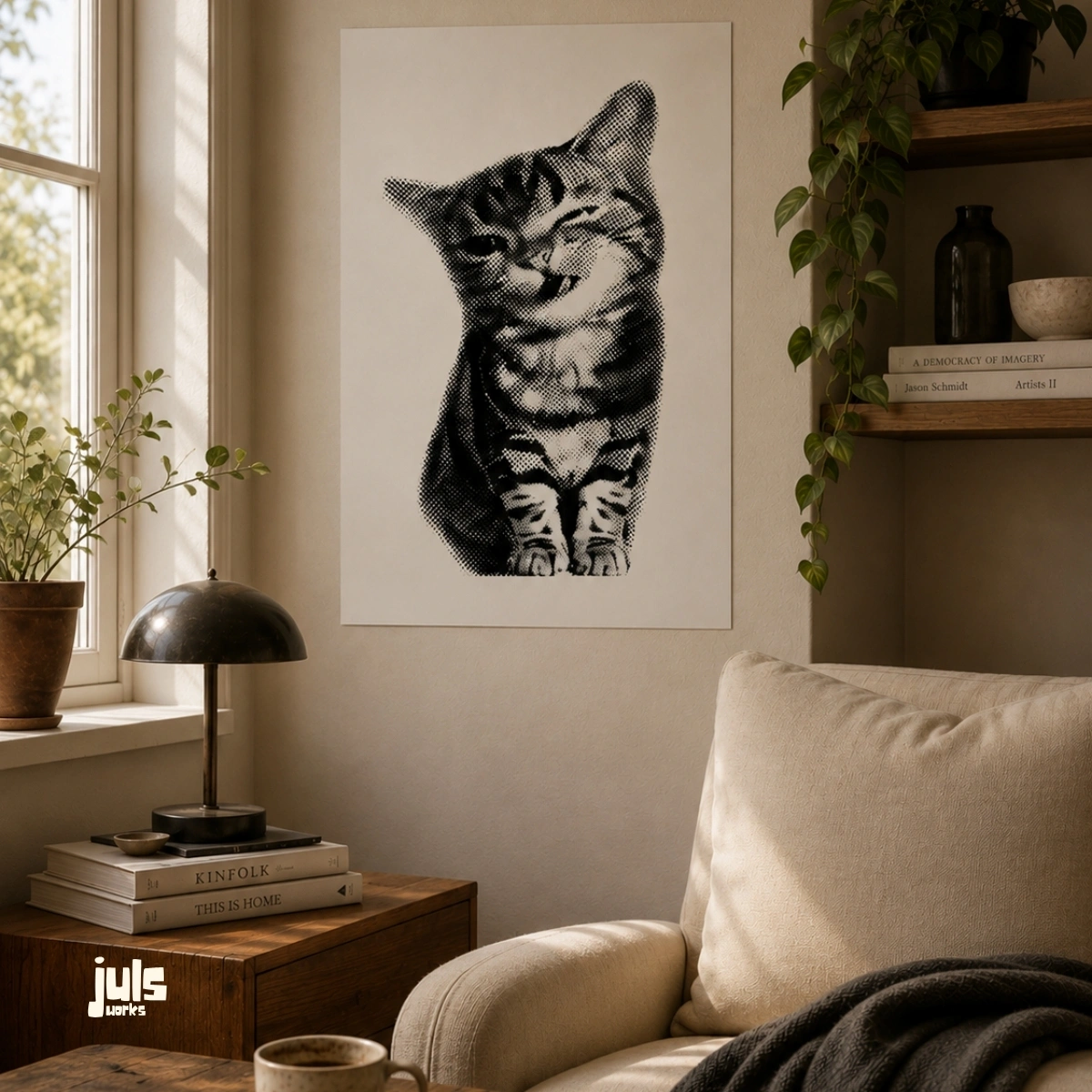 Halftone Kedi Siyah Beyaz Poster