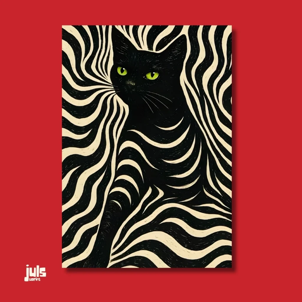 Yeşil gözlü, dalgalı çizgili siyah kedi illüstrasyonlu poster kapak görseli