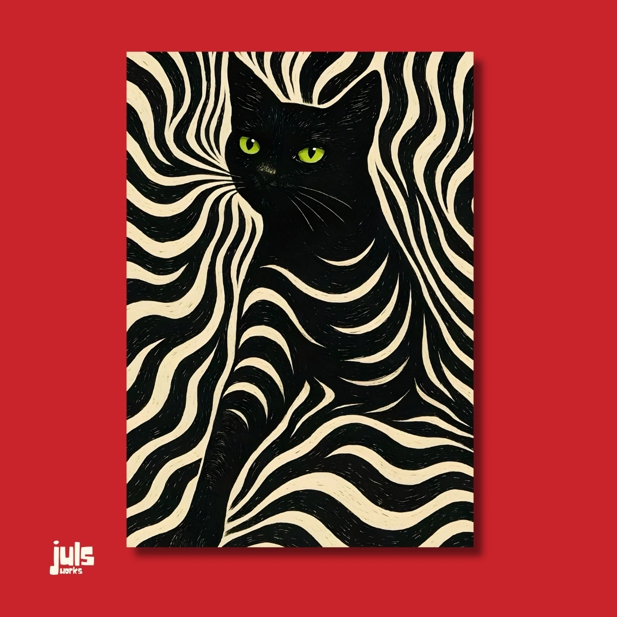 Yeşil gözlü, dalgalı çizgili siyah kedi illüstrasyonlu poster kapak görseli