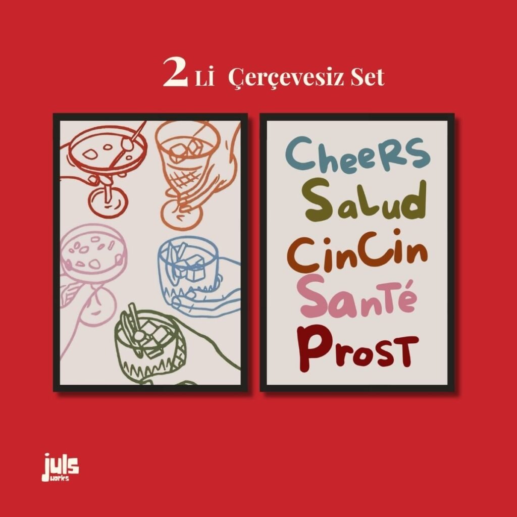Kokteyl çizimleri ve Cheers Salud CinCin Santé Prost yazılı ikili poster seti kapak görseli