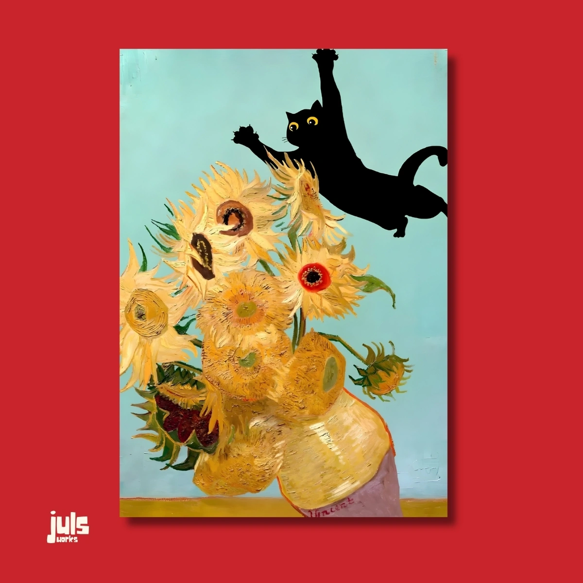 Ayçiçekleri vazosuna sıçrayan siyah kedi illüstrasyonlu poster kapak görseli