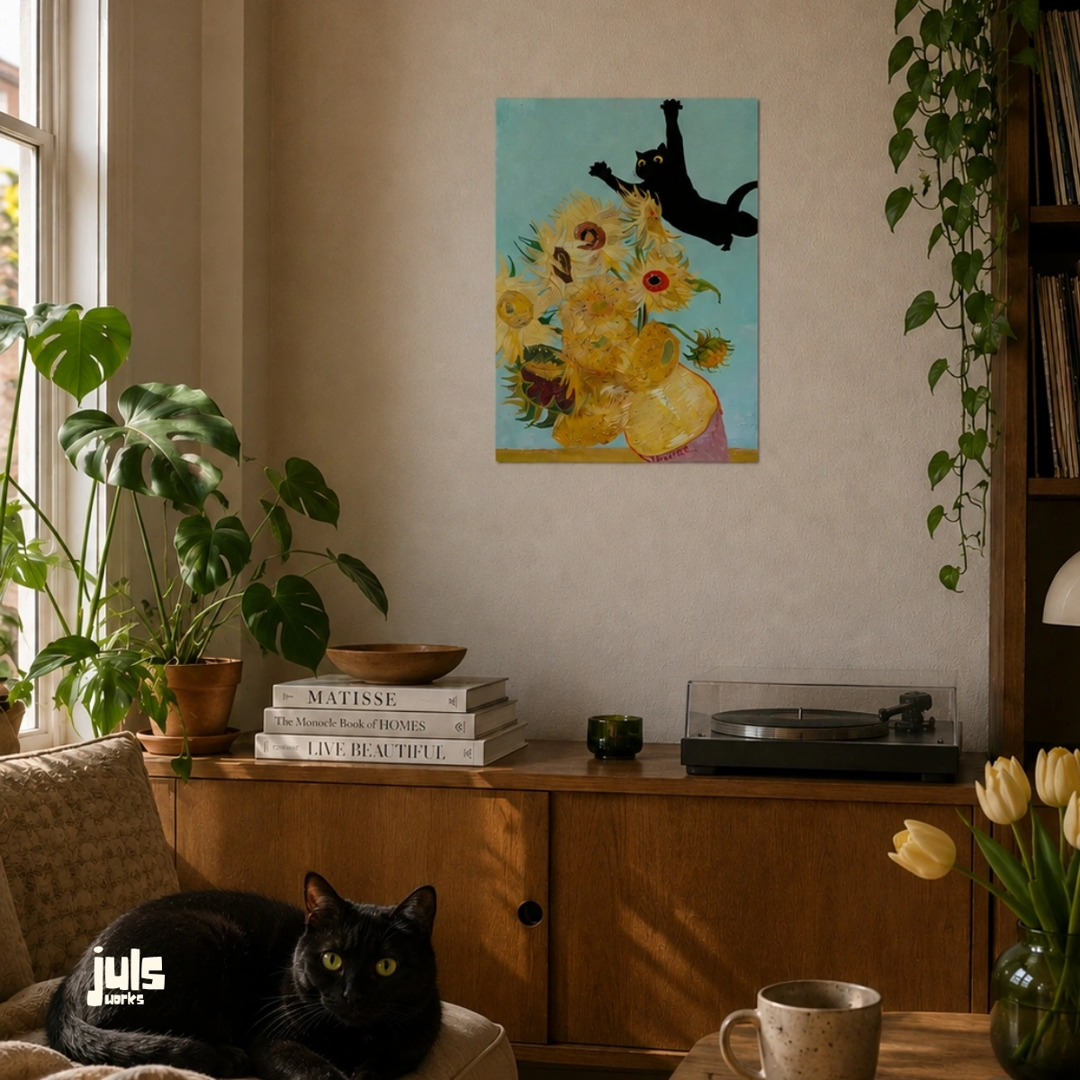 Ayçiçekleri ve Siyah Kedi Poster