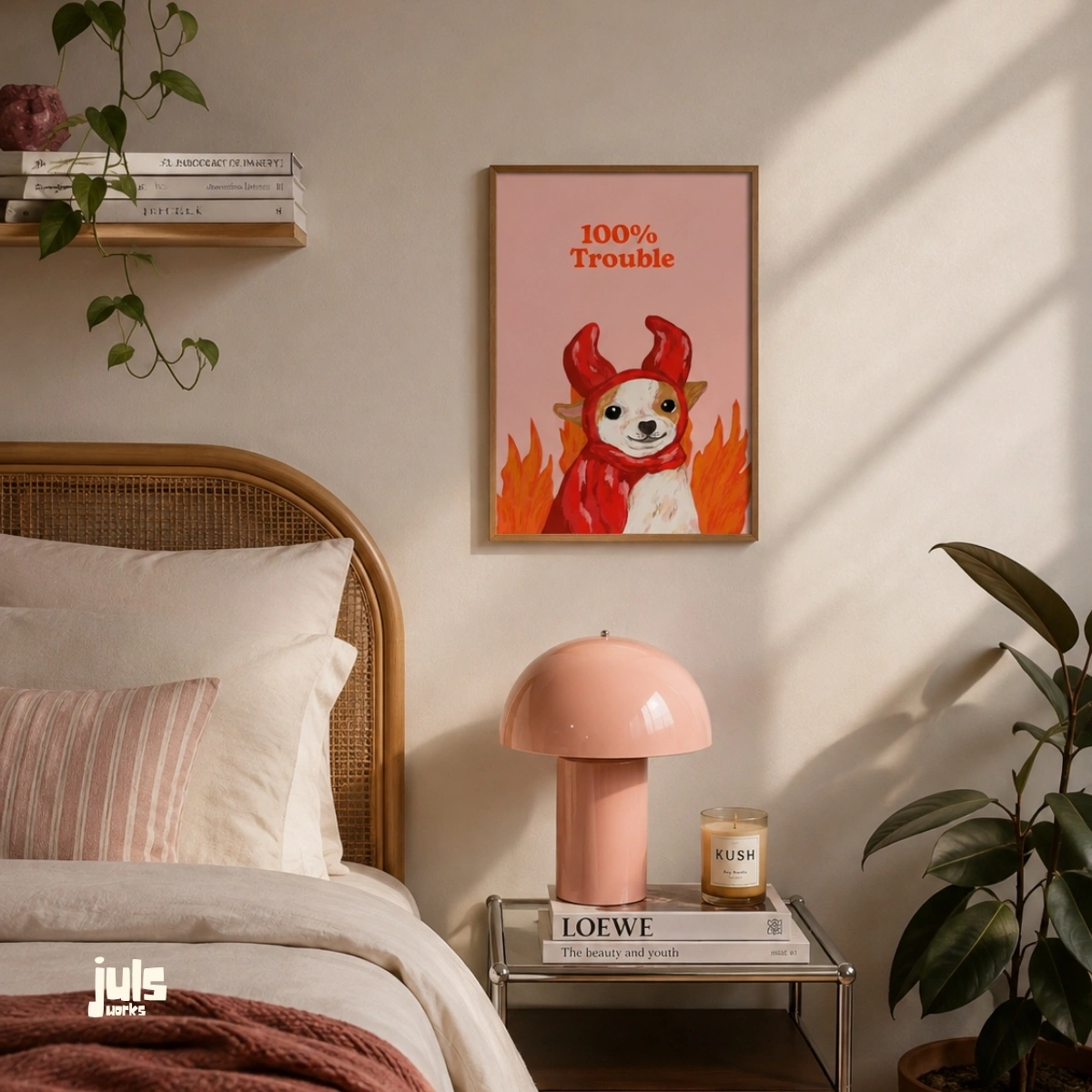 100% Trouble posterinin yatak odasında dekorasyon sunumu