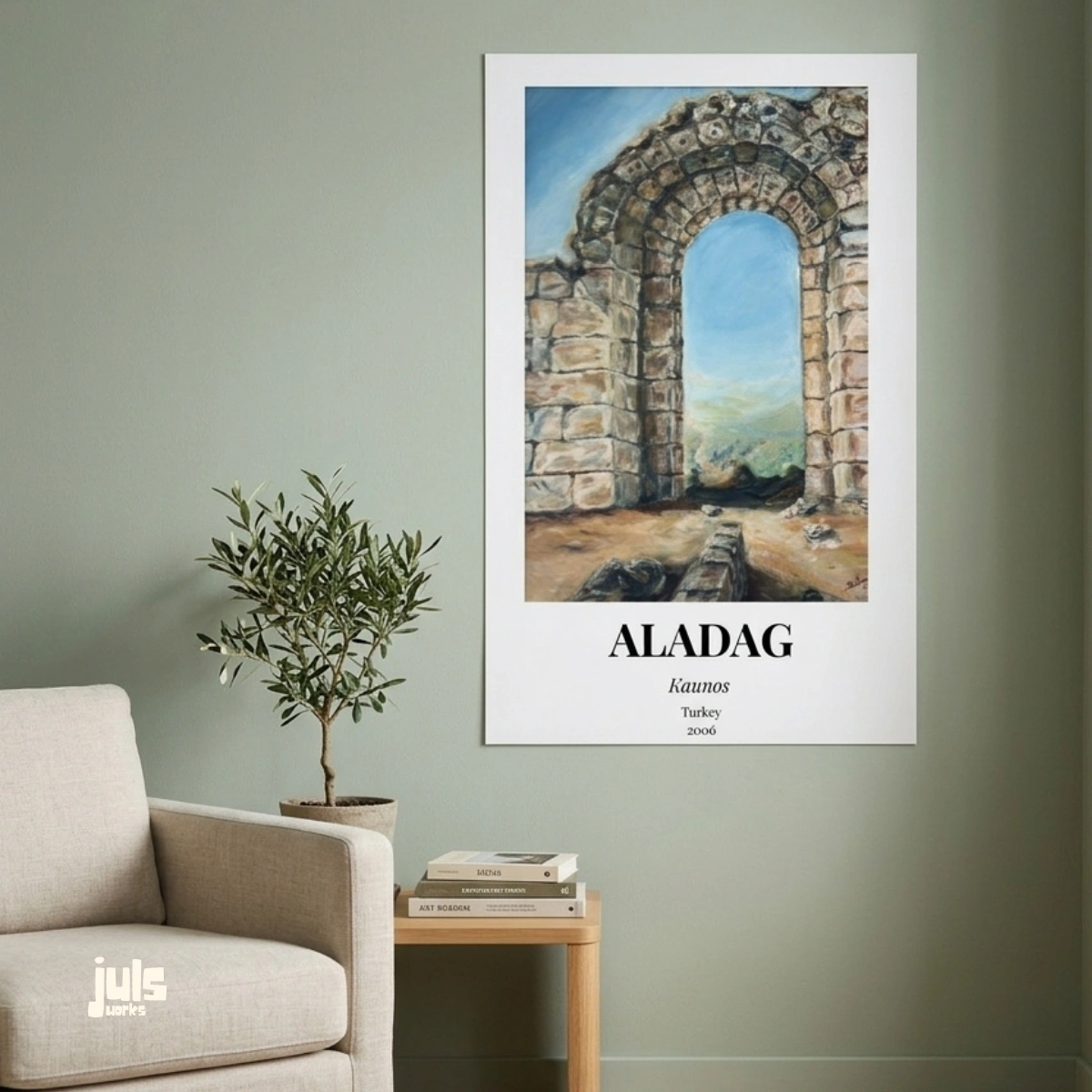 Kaunos poster oda içi mockup - Selim Aladağ müze koleksiyonu duvar sanatı