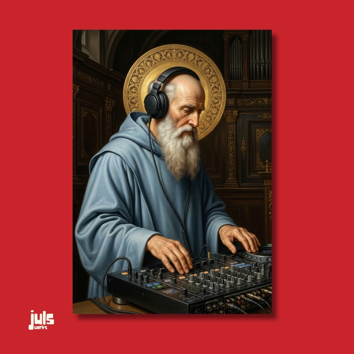 Kulaklıklı DJ keşiş klasik portre poster, kırmızı zemin kapak görseli