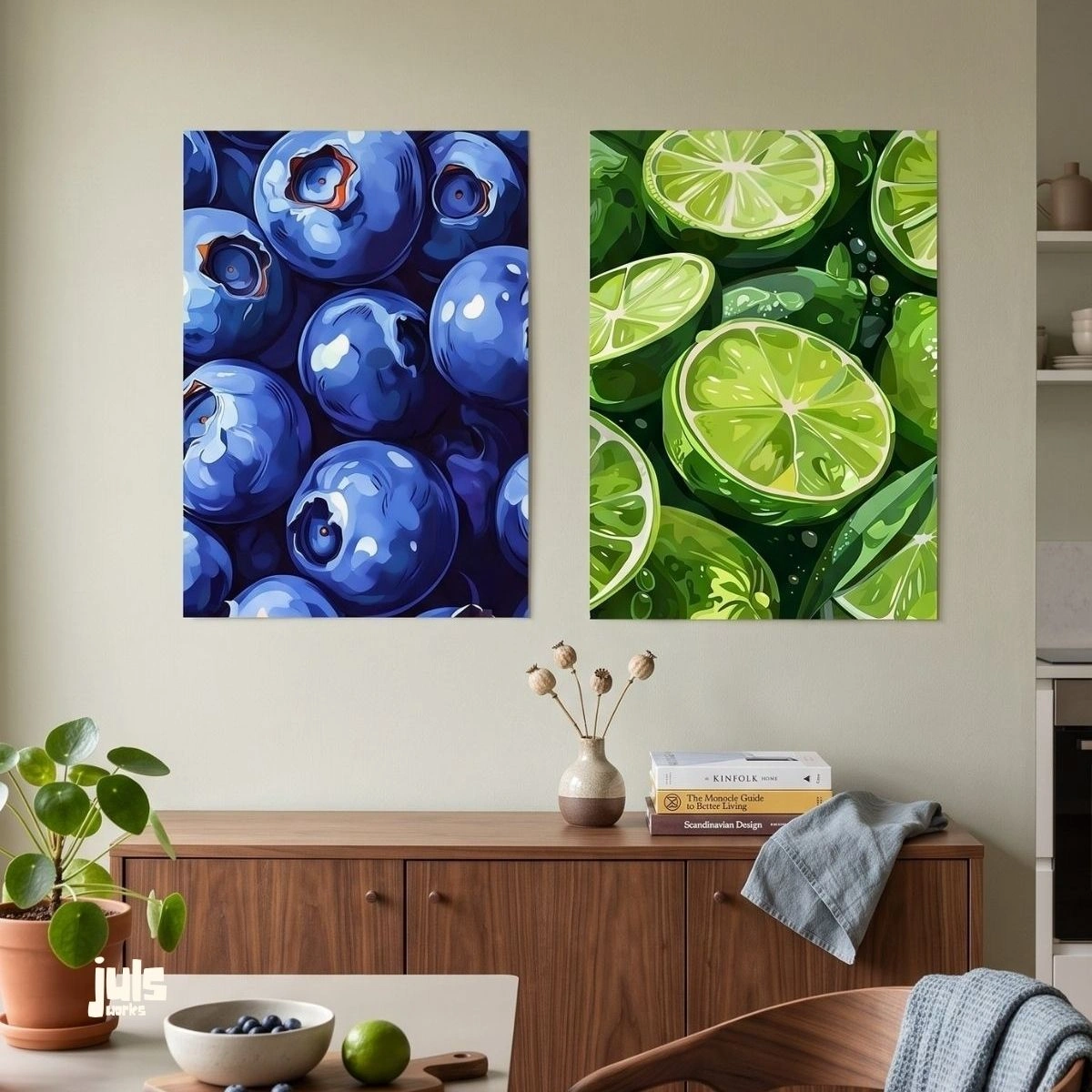 Yaban mersini ve misket limonu yakın çekim ikili poster seti, oturma odasında